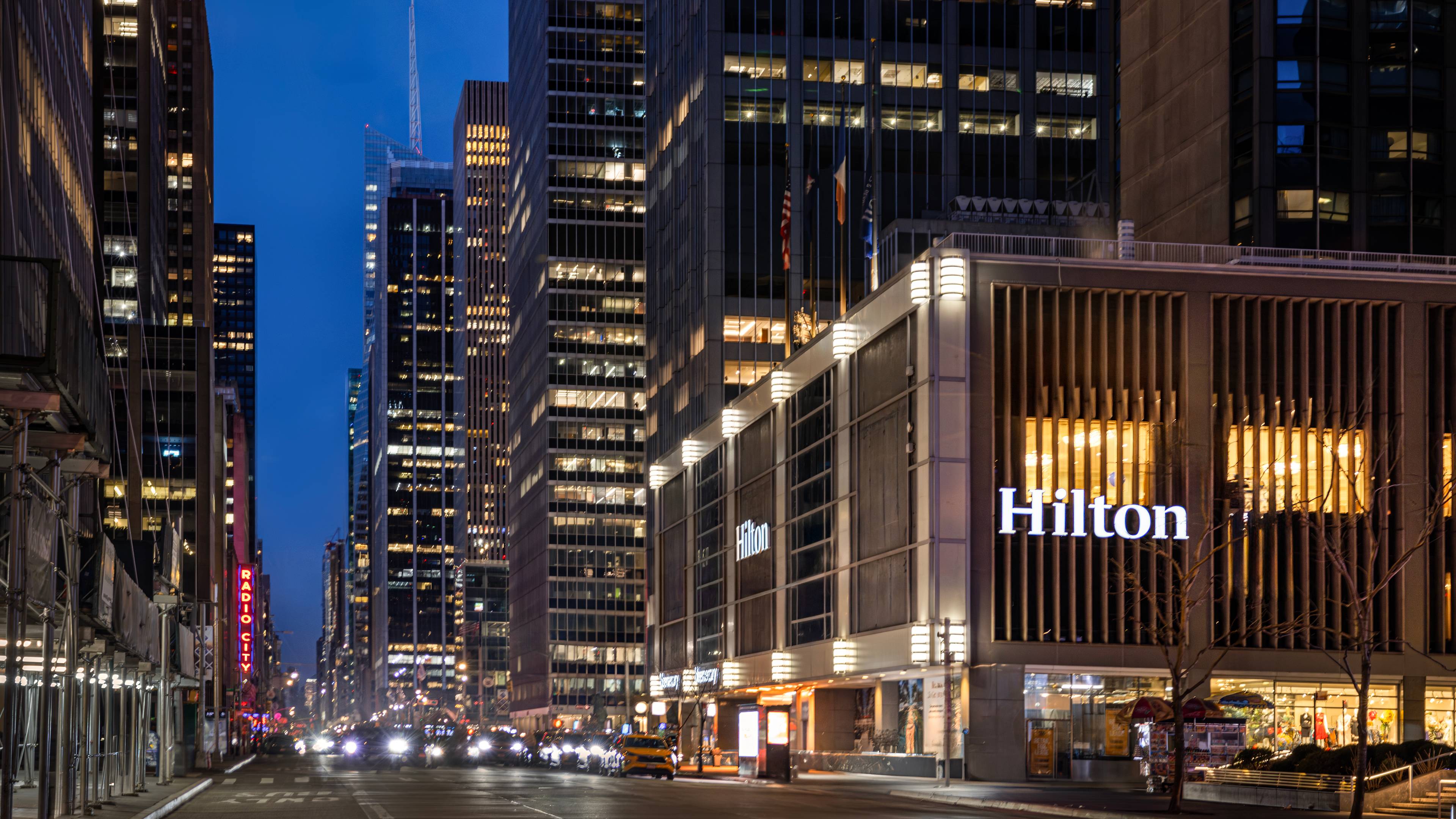 Hilton Hotel Exterior Building at Night