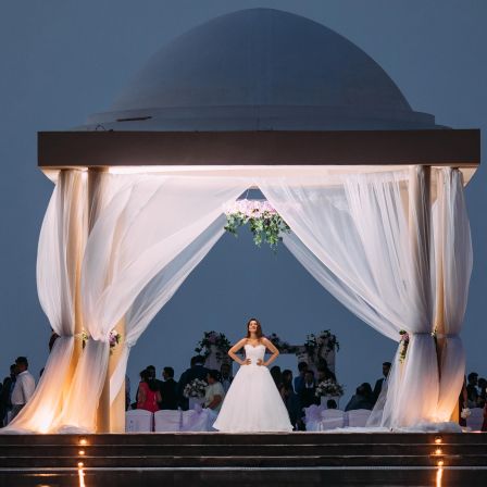 Bride lit with guests behind