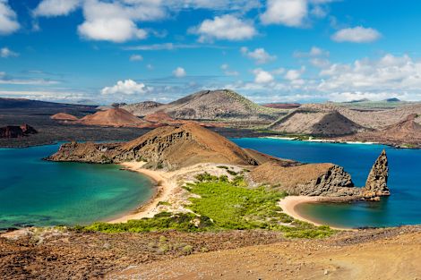 Expansive view of two beaches on Bartolome Island, part of the Galapagos