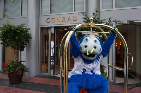 Blue Colts Mascot at Front of Hotel