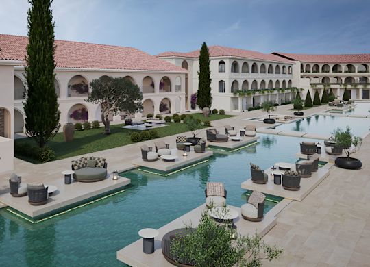 Ausblick vom Zimmer mit Außenpool und Sitzbereich