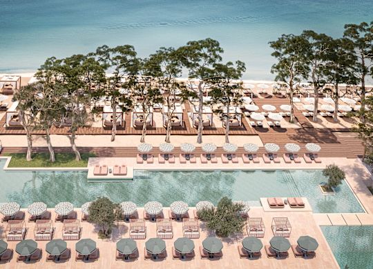 Guest room view of outdoor pool with loungers and trees