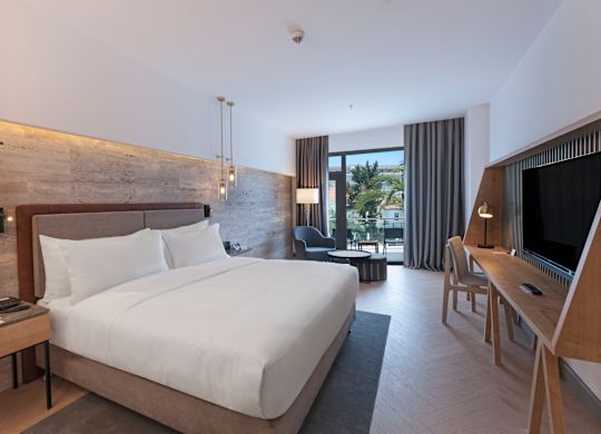 Kamer met bed, tv, bureau en balkon