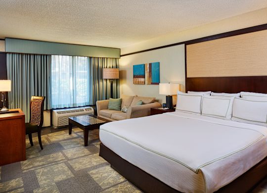 Chambre avec un très grand lit, canapé, table basse et bureau de travail