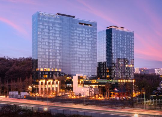 hotel exterior at dusk