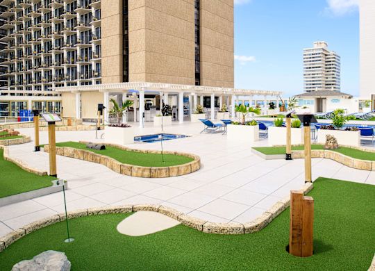 outdoor mini golf course, pool, patio