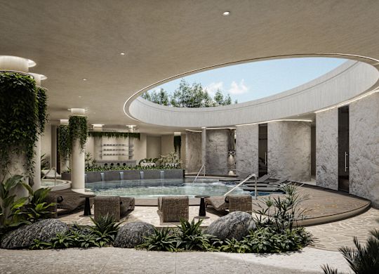 Jardin aquatique avec piscine intérieure, rochers et buissons