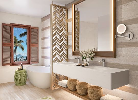 Salle de bain avec vasque et miroir