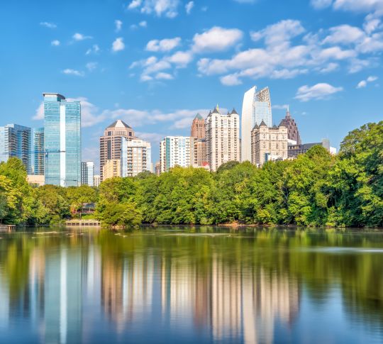 Skyline of Atlanta reflected in a pond
