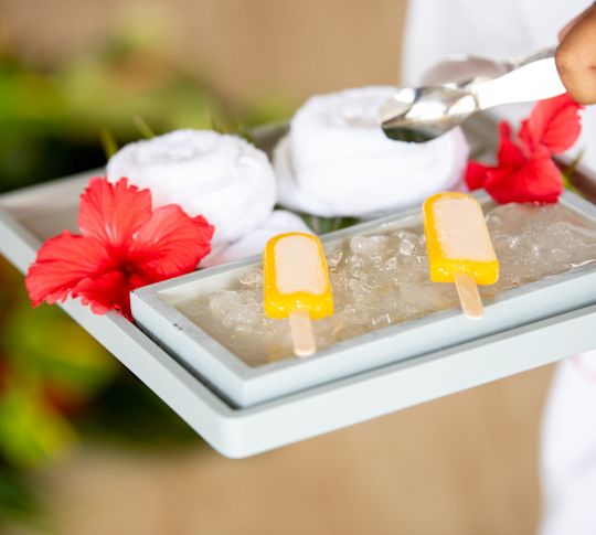 Person, die Eiscreme auf einem Tablett bekommt