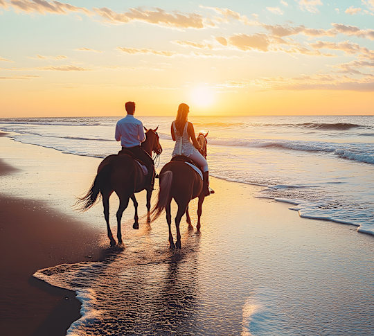 Un couple à cheval sur la plage au coucher du soleil