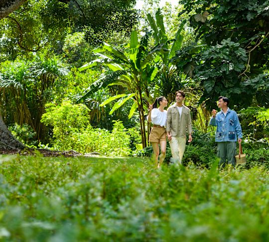 Kobieta i dwóch mężczyzn przechodzących przez las