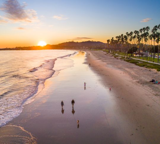 People Walking on Santa Barbara Beach at Sunset