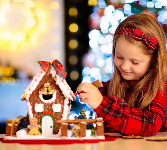 Social Bee girl building gingerbread house