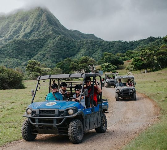 People driving in off-road vehicle on island excursion
