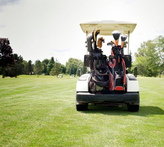 Golf buggy with two sets of golf clubs on the back