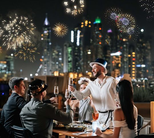 Jones the Grocer people celebrating outdoors with fireworks in background