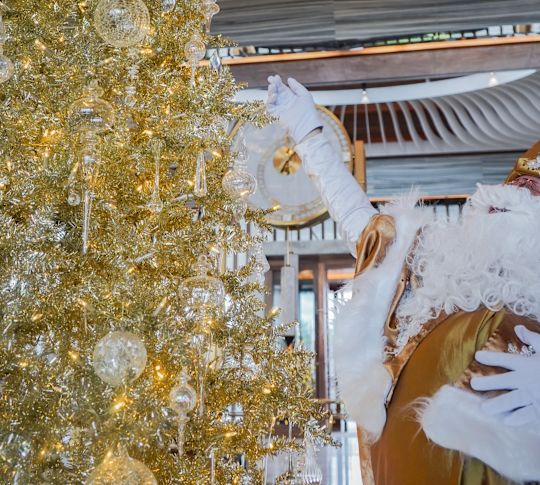 聖誕樹與聖誕老人站立，手臂伸向聖誕樹