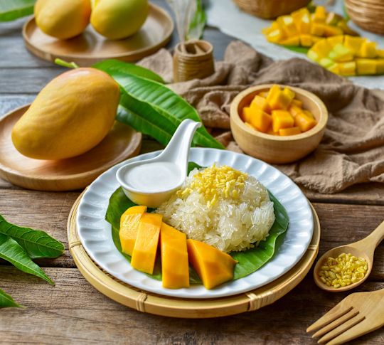 Shot of Asian meals plated for sticky rice class