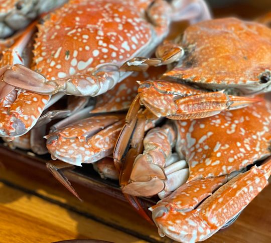 Ein Teller mit Krabben und Sauce auf einem Tisch