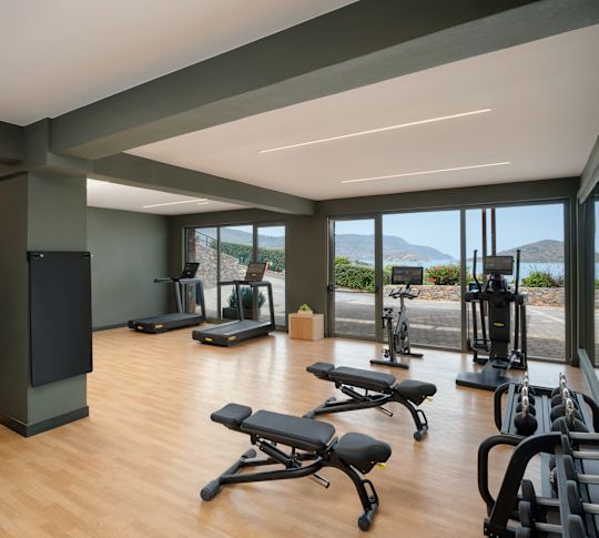 Fitness center with treadmills, exercise bikes, ellipticals, benches, and large windows with a sea view.
