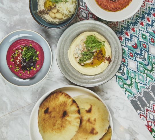 Baba ganoush and beet mutabal hummus