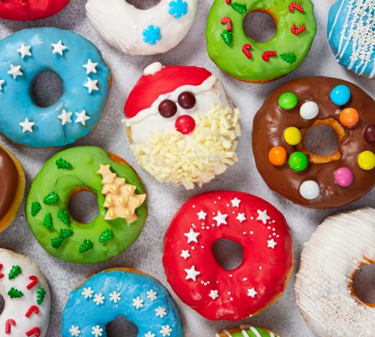 Donuts Decorated with Colorful Christmas Themes