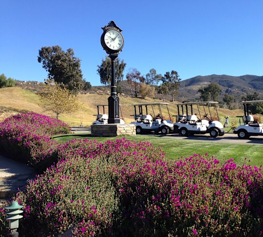 Cărucioare și un ceas într-o zonă de golf cu flori