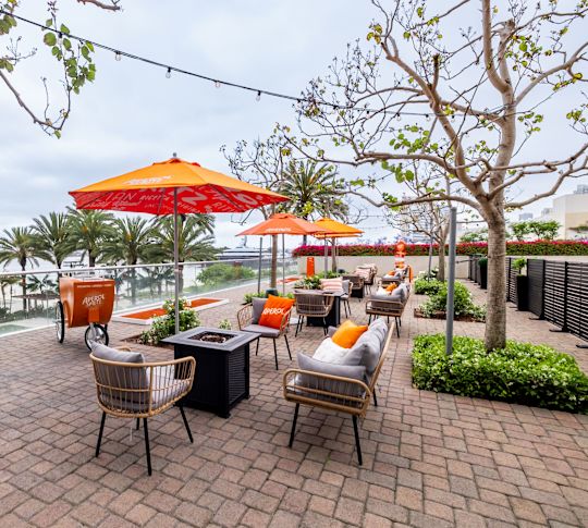 The Overlook at Odysea patio with view of the water