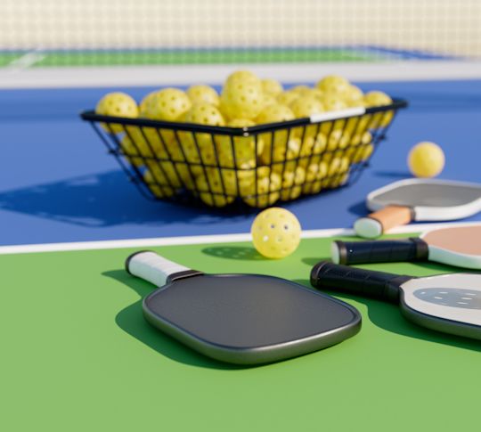 Pickleball Paddles and Balls on a Table