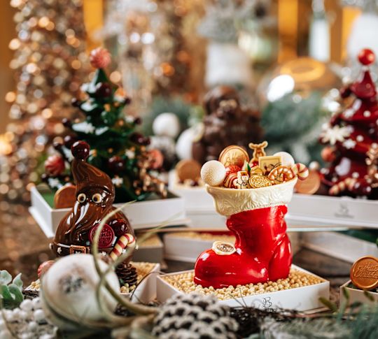 person standing in front of christmas decorations