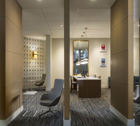 Desks and computers in the business center