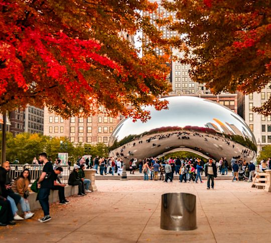 large silver sculpture outside framed by fall trees