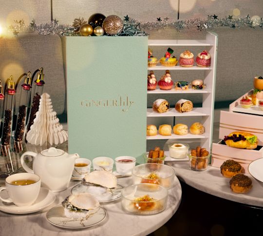 Ginger.Lily Festive Afternoon Tea tea setting with pastries and holiday decorations