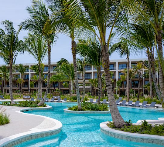 Piscină Azure fotografiată cu palmieri