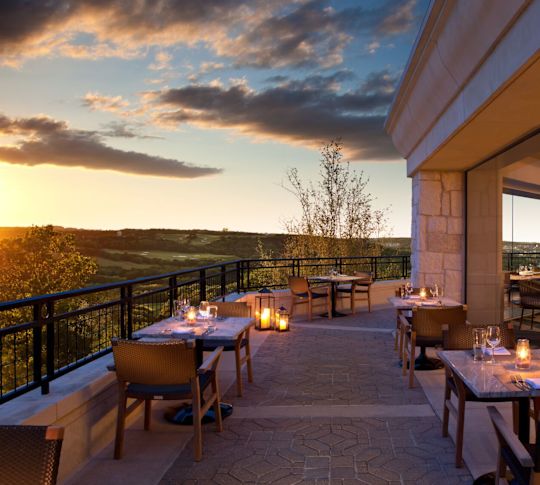 SweetFire Kitchen outdoor patio seating at sunset