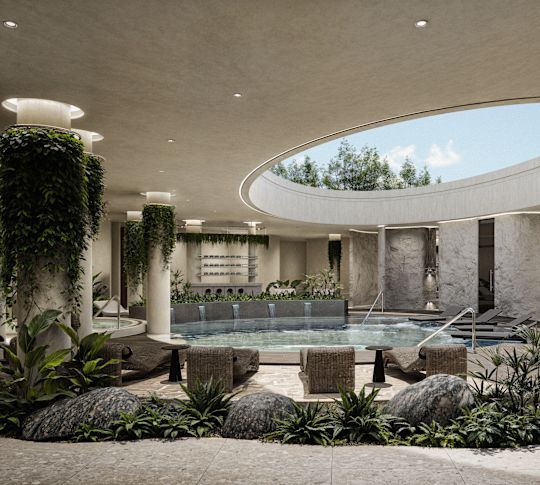 Wassergarten mit Innenpool, Steinen und Büschen