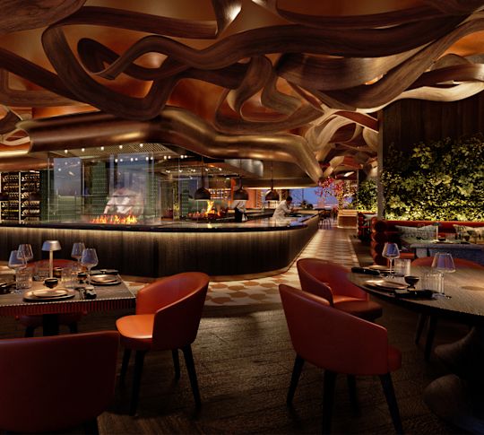 Chefs Preparing Food and View of Dining Area of Sushi Samba Restaurant