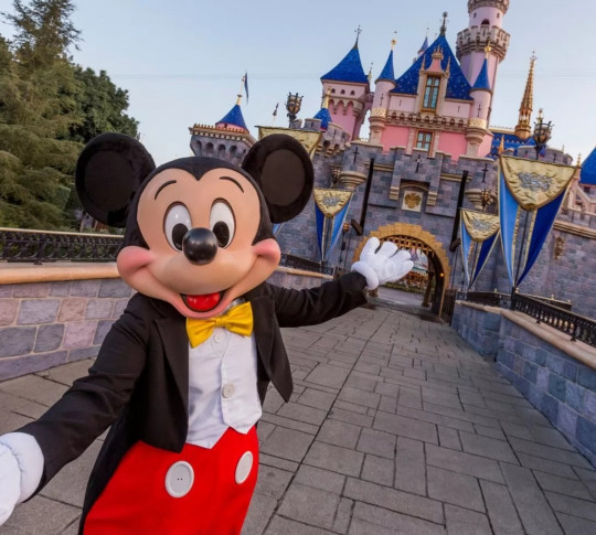 Disney Land castle with Mickey Mouse welcoming guests