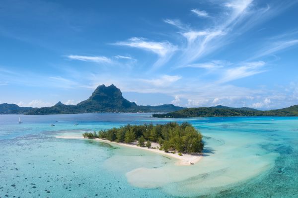 Panoramic view of an island and mountains in background
