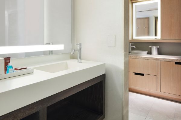 Accessible Deluxe King Suite Bathroom with Mirror, Vanity, and Wet Bar
