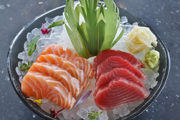 Plate with Raw Fish on Ice at a Restaurant