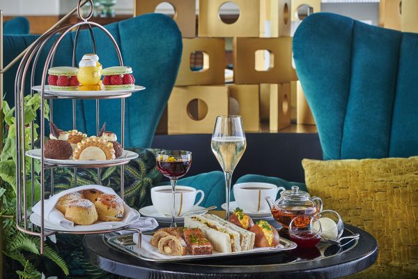 Afternoon tea cake tray setup on table