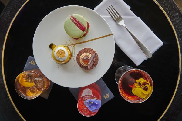 Top down view of cakes and cocktail