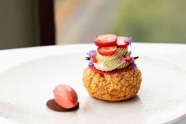 View of strawberry matcha dessert dish