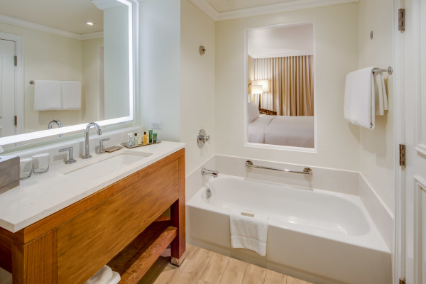 Executive Bathroom with vanity mirror, tub, and window view of bedroom