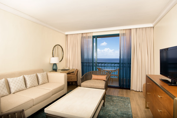 Suite with lounge sofa, chair, coffee table, TV, and outdoor patio balcony with ocean view