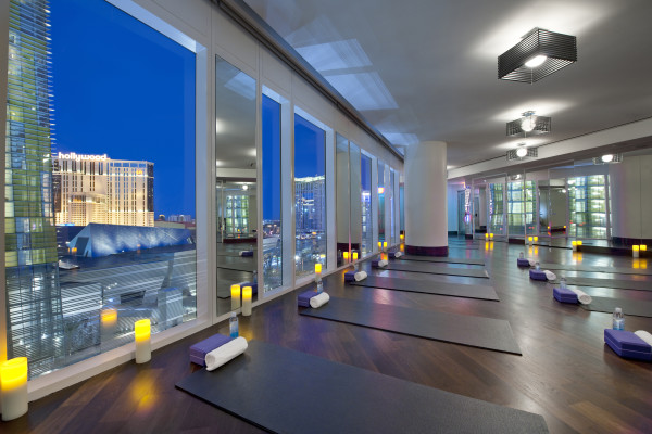 Yoga Mats and Towels in Studio with Night View of Las Vegas