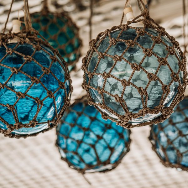 Decorative balls suspended from ceiling