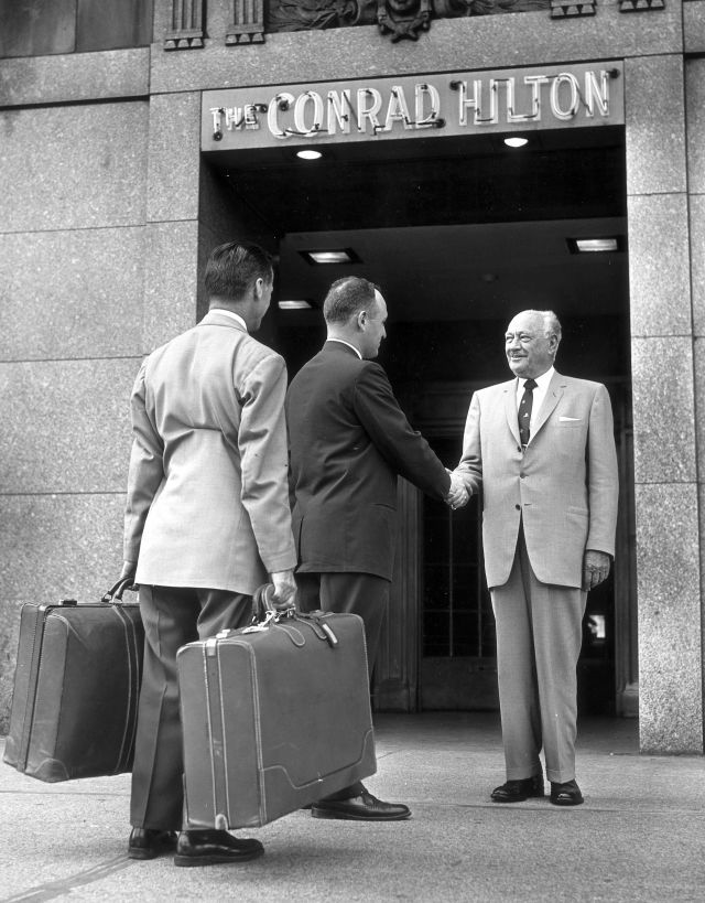 Old image of Conrad Hilton outside hotel